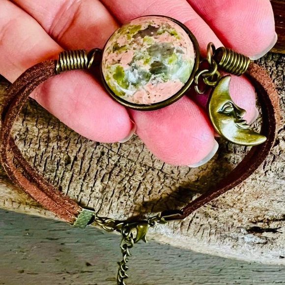 Hand Crafted Jewelry - Handmade Unakite Crystal Stone Bohemian Gold and Pink Crescent Moon Bracelet